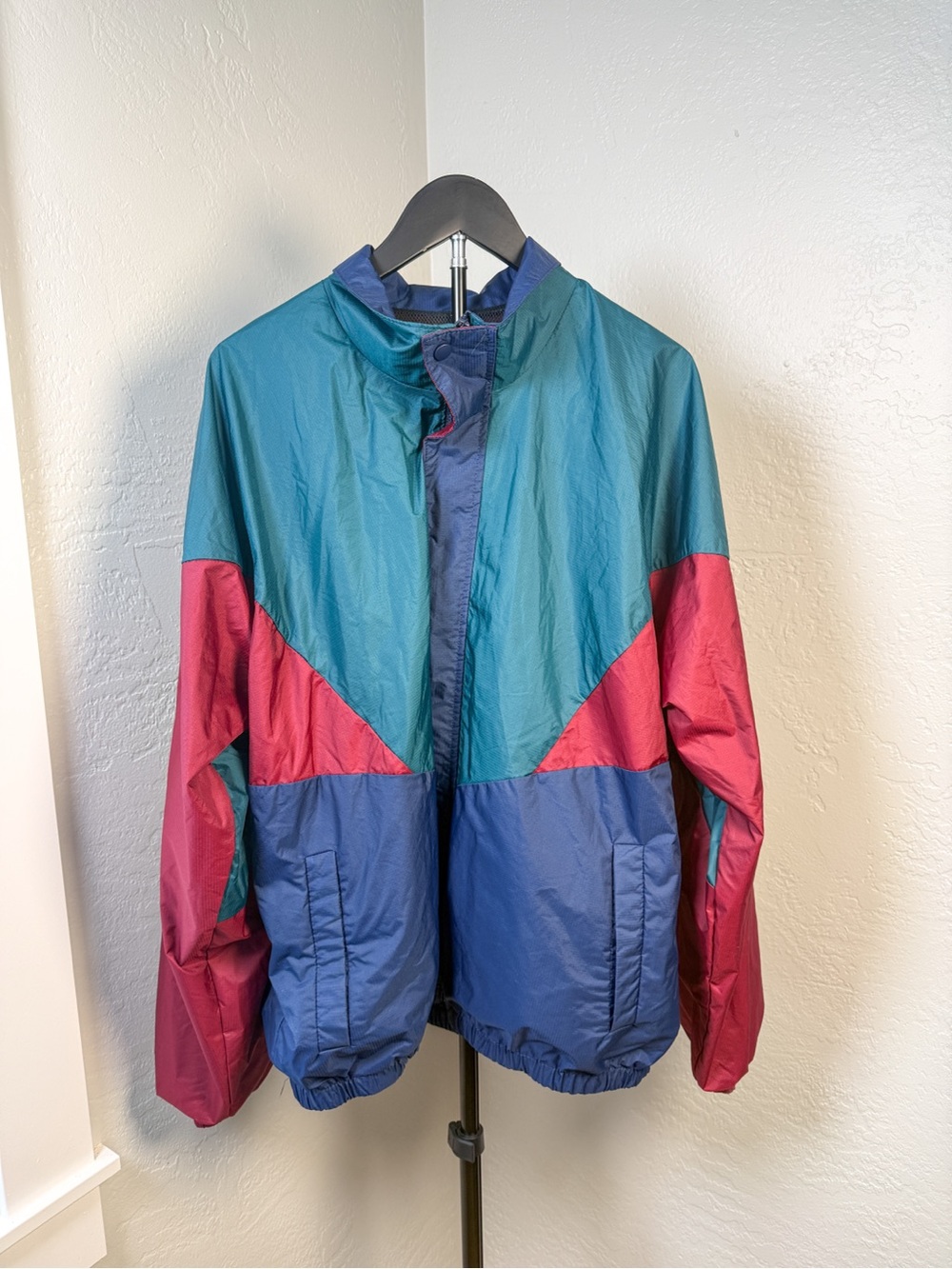 Vintage 90s Forrester Rero Teal Blue Red Colorblock Windbreaker Jacket Size XL